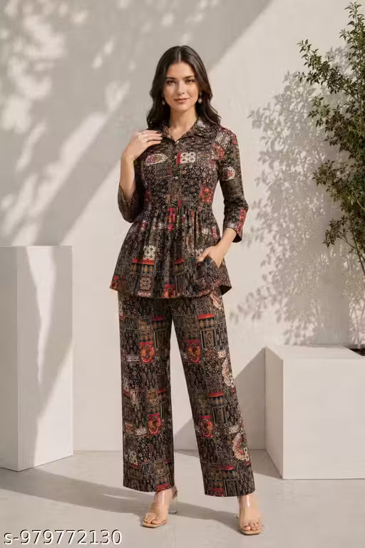 New Arrival Women's Multicolor Collar Neck Co-Ord Set Fashionable Printed Western Wear