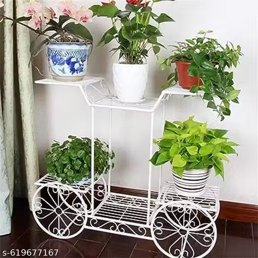 Vintage-Style Metal Bicycle Plant Stand with Dual-Tier Display and Ornate Wheel Detailing for Indoor Garden Decor, Ideal for Living Room Corners, Balcony Styling, or Entryway Accents