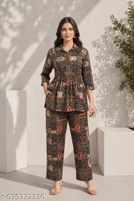 New Arrival Women's Multicolor Collar Neck Co-Ord Set Fashionable Printed Western Wear
