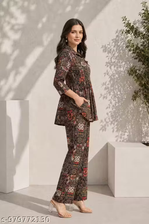 New Arrival Women's Multicolor Collar Neck Co-Ord Set Fashionable Printed Western Wear