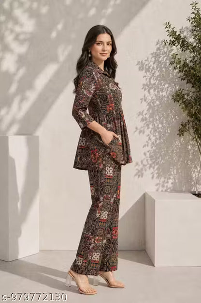 New Arrival Women's Multicolor Collar Neck Co-Ord Set Fashionable Printed Western Wear