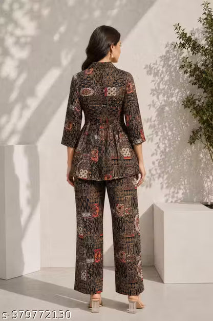 New Arrival Women's Multicolor Collar Neck Co-Ord Set Fashionable Printed Western Wear